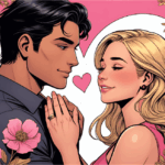 Comic-Szene mit Mann und Frau: Das schönste Kompliment für eine Frau in herzlicher Atmosphäre mit Blumen.