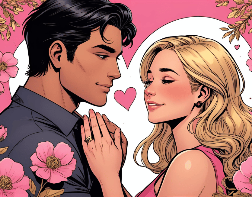 Comic-Szene mit Mann und Frau: Das schönste Kompliment für eine Frau in herzlicher Atmosphäre mit Blumen.