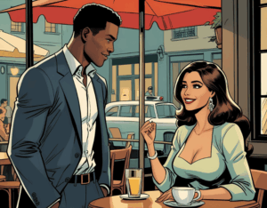 Selbstbewusster Mann spricht eine fremde Frau im Café an – Flirtsituation im Alltag.