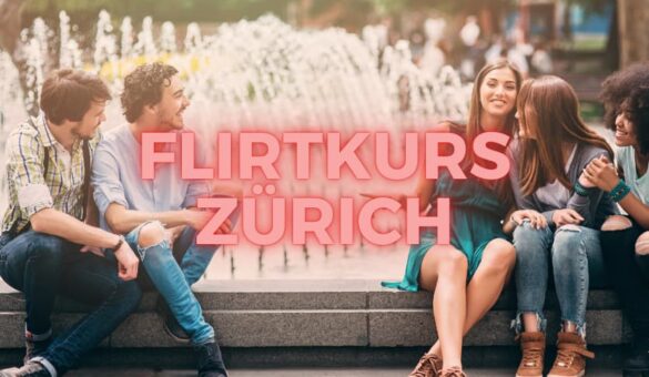 Junge Männer und Frauen sitzen lachend am Brunnen – Symbolbild für Flirtkurs Zürich.