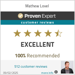 Mathew Lovel ProvenExpert Bewertungssiegel – 4,5 Sterne, 100% Weiterempfehlung, 512 Kundenbewertungen.