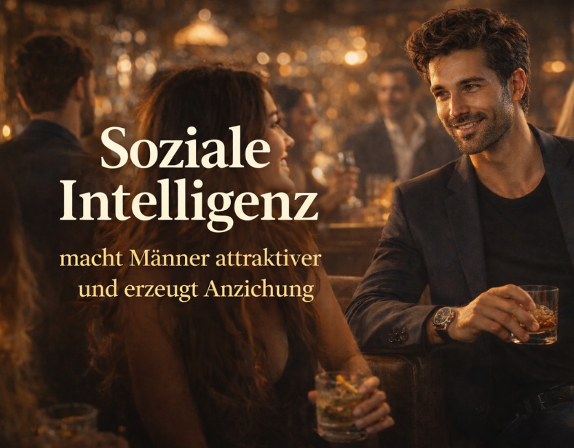 Soziale Intelligenz im Dating – souveräner Mann im Gespräch mit Frauen in einer Bar, Symbol für soziale Kompetenz und Anziehung