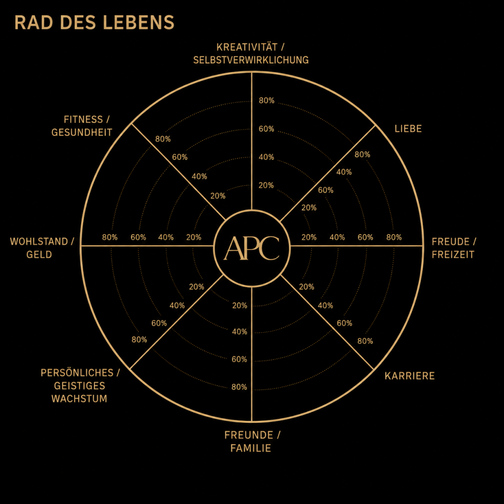 Rad des Lebens APC mit acht Lebensbereichen: Kreativität, Liebe, Freude, Karriere, Freunde, persönliches Wachstum, Wohlstand, Fitness.